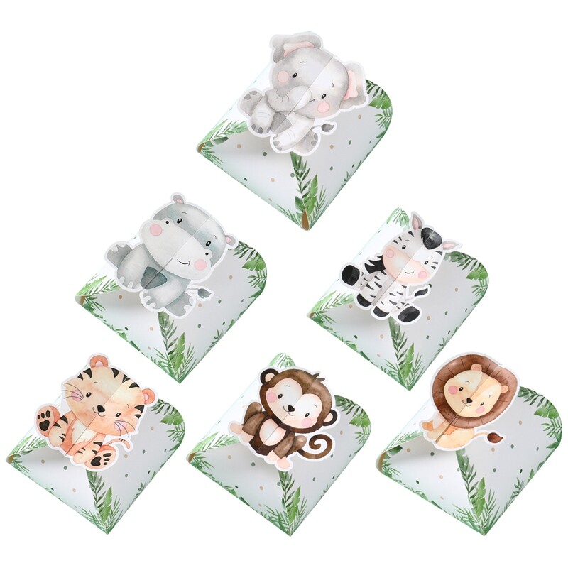 12 bucăți de hârtie din junglă cutie de bomboane pentru petrecere de nuntă, safari, decorare pentru petrecerea de naștere, cutie cadou pentru baby shower, pungă de biscuiți cu ciocolată