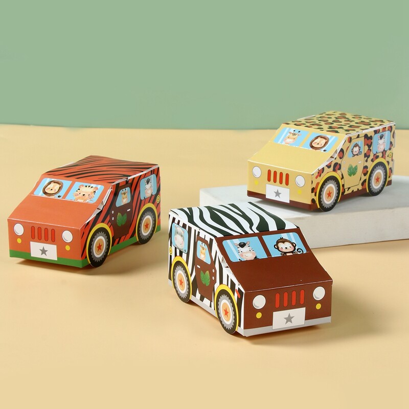 Cutie de bomboane în formă de mașină de animale din junglă Cutii de cadouri de safari din junglă Saci de bomboane de hârtie pentru decorațiuni pentru petrecerea de aniversare Cutii de ambalare