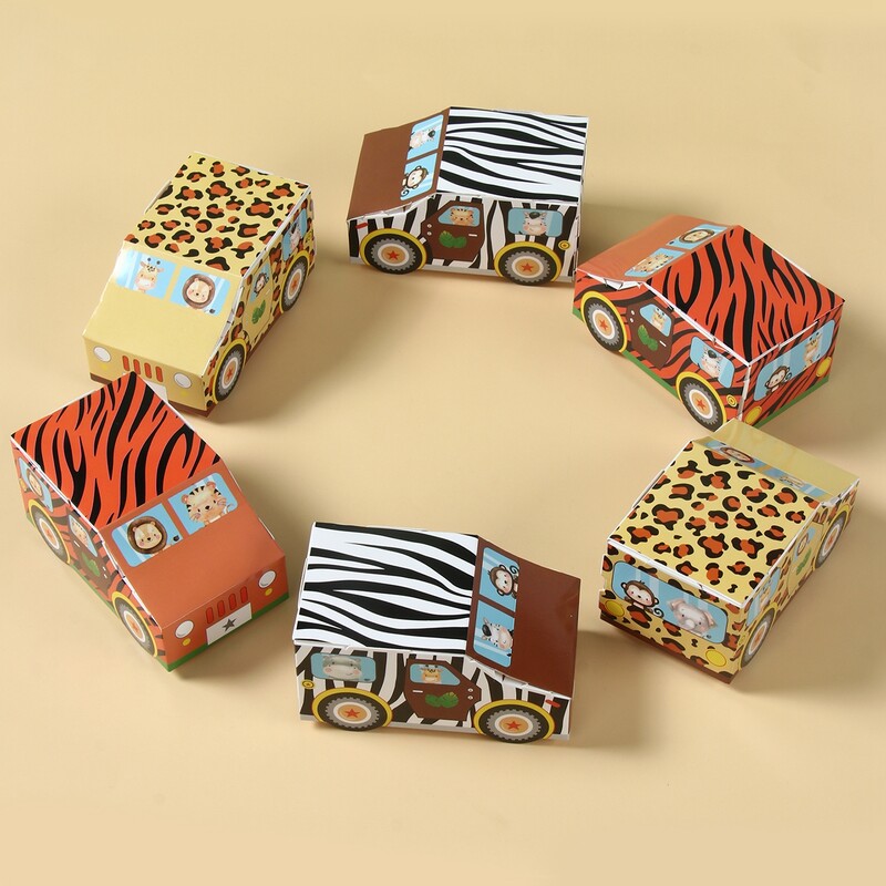 Cutie de bomboane în formă de mașină de animale din junglă Cutii de cadouri de safari din junglă Saci de bomboane de hârtie pentru decorațiuni pentru petrecerea de aniversare Cutii de ambalare