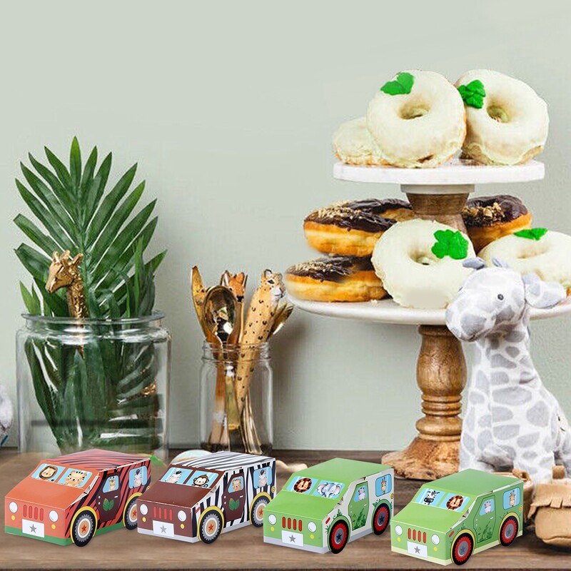 Cutie de bomboane în formă de mașină de animale din junglă Cutii de cadouri de safari din junglă Saci de bomboane de hârtie pentru decorațiuni pentru petrecerea de aniversare Cutii de ambalare