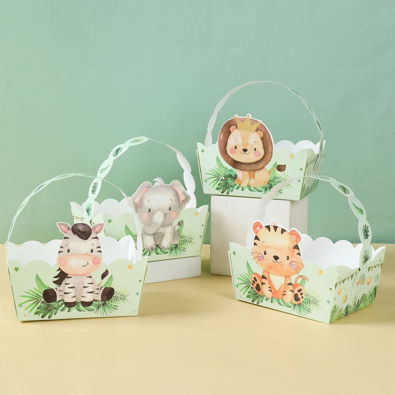 6 buc. Coș de mână din hârtie cu animale din junglă Safari Decor pentru petrecerea de naștere Cutie de ambalaj pentru cadou pentru copii Wild One Baby Shower Decor Box Bag