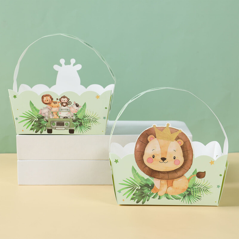 6 buc. Coș de mână din hârtie cu animale din junglă Safari Decor pentru petrecerea de naștere Cutie de ambalaj pentru cadou pentru copii Wild One Baby Shower Decor Box Bag