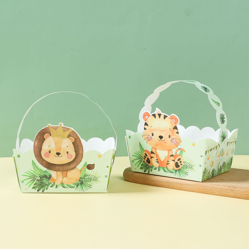 6 buc. Coș de mână din hârtie cu animale din junglă Safari Decor pentru petrecerea de naștere Cutie de ambalaj pentru cadou pentru copii Wild One Baby Shower Decor Box Bag