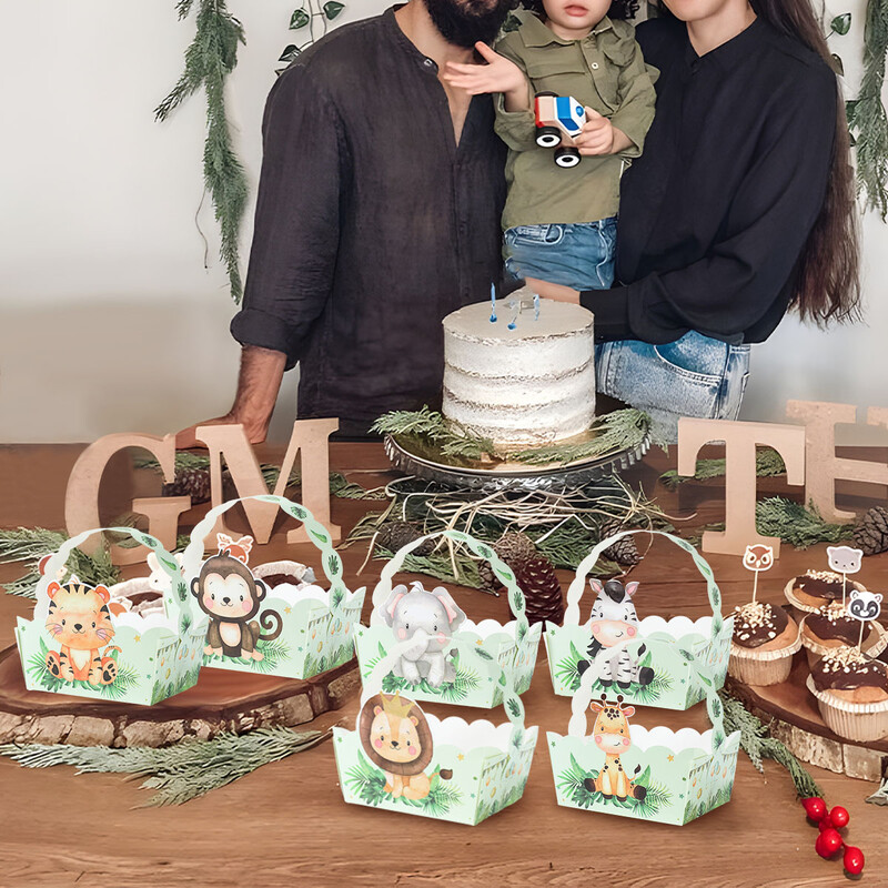 6 buc. Coș de mână din hârtie cu animale din junglă Safari Decor pentru petrecerea de naștere Cutie de ambalaj pentru cadou pentru copii Wild One Baby Shower Decor Box Bag