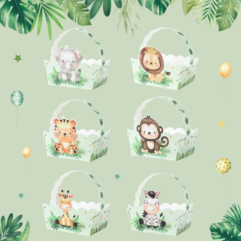 6 buc. Coș de mână din hârtie cu animale din junglă Safari Decor pentru petrecerea de naștere Cutie de ambalaj pentru cadou pentru copii Wild One Baby Shower Decor Box Bag