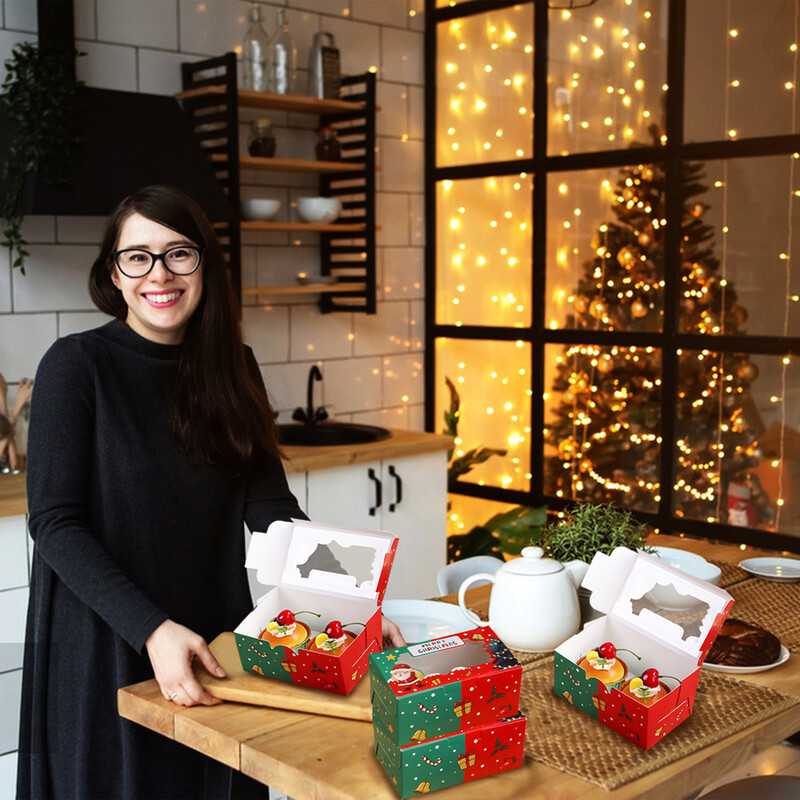 10 bucăți cutii pentru cupcake de Crăciun, 2 containere pentru cupcake, inserție pentru cupcake cu fereastră de afișare transparentă, suporturi pentru cupcake pentru petrecere