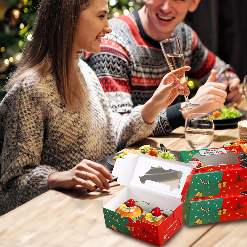 10 bucăți cutii pentru cupcake de Crăciun, 2 containere pentru cupcake, inserție pentru cupcake cu fereastră de afișare transparentă, suporturi pentru cupcake pentru petrecere