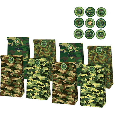 8/30 gab Camo papīra dāvanu maisiņi ar uzlīmēm Armijas zaļa maskēšanās Camo konfekšu soma Militārās tēmas Dzimšanas dienas ballīšu rotājumi