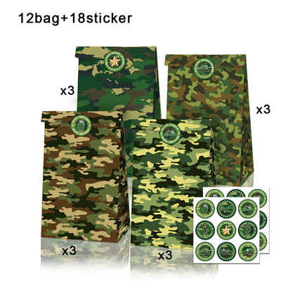 8/30db Camo papír ajándéktasakok matricákkal Army Green Camouflage Camo cukorkatáska Katonai témájú Születésnapi parti díszek Kedvezmények