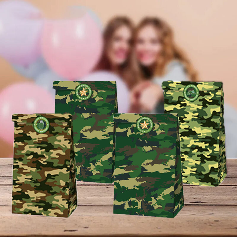 8/30 buc. Saci cadou din hârtie Camo cu autocolante, verde armată, camuflaj, geantă de bomboane Camouflage, tema militară, decorațiuni pentru petrecerea de naștere, favoruri