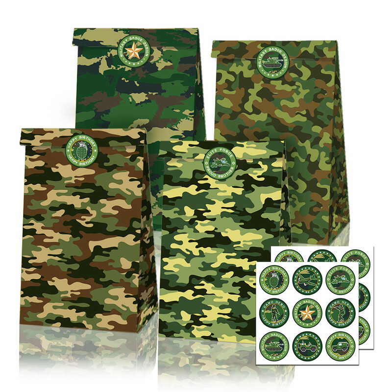 8/30 buc. Saci cadou din hârtie Camo cu autocolante, verde armată, camuflaj, geantă de bomboane Camouflage, tema militară, decorațiuni pentru petrecerea de naștere, favoruri