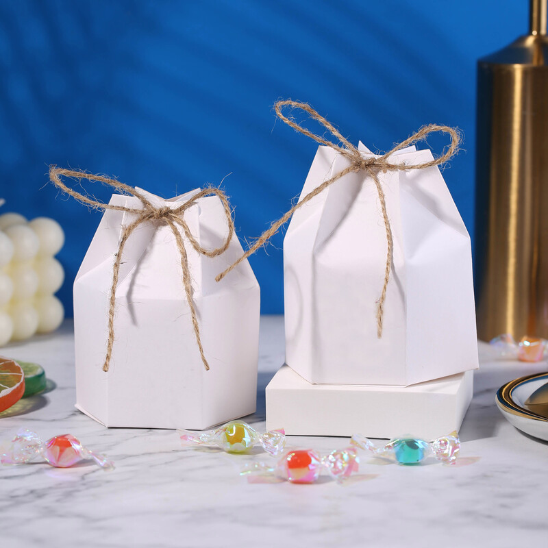 10 buc. Cutii de bomboane pentru prăjituri din hârtie kraft hexagonală cu frânghie de cânepă Cutie de ambalaj cadou pentru ziua de naștere, nuntă, decorarea petrecerii pentru baby shower