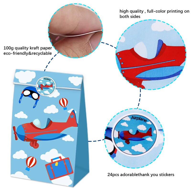 24 de bucăți de desene animate geantă cadou pentru avion, saci de bomboane pentru favoare de petrecere cu autocolant de etanșare, decorațiuni tematice pentru petrecerea de naștere pentru baby shower.