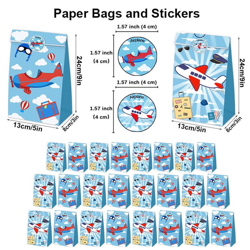 24 de bucăți de desene animate geantă cadou pentru avion, saci de bomboane pentru favoare de petrecere cu autocolant de etanșare, decorațiuni tematice pentru petrecerea de naștere pentru baby shower.