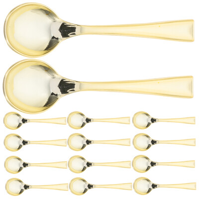 24 vnt. plastikinių vienkartinių auksinių mini šaukštų rinkinys iš plastiko imituojančių metalo stalo įrankių kepsnių vakarėliui