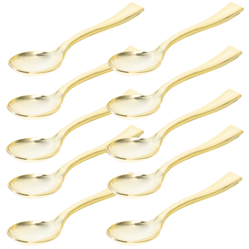 24 vnt. plastikinių vienkartinių auksinių mini šaukštų rinkinys iš plastiko imituojančių metalo stalo įrankių kepsnių vakarėliui