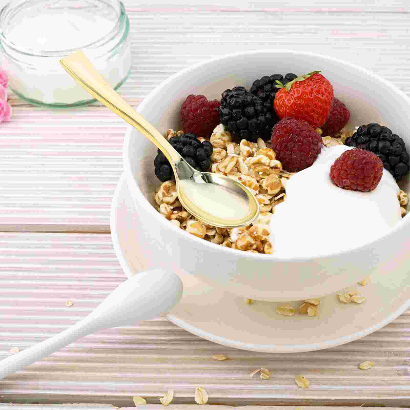 24 vnt. plastikinių vienkartinių auksinių mini šaukštų rinkinys iš plastiko imituojančių metalo stalo įrankių kepsnių vakarėliui