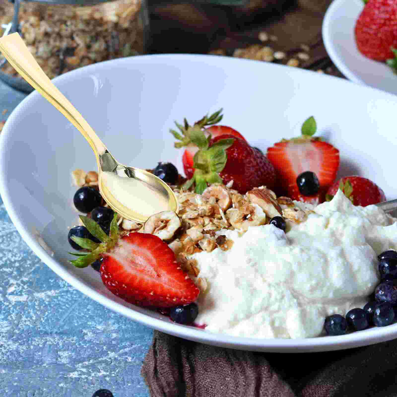 24 vnt. plastikinių vienkartinių auksinių mini šaukštų rinkinys iš plastiko imituojančių metalo stalo įrankių kepsnių vakarėliui