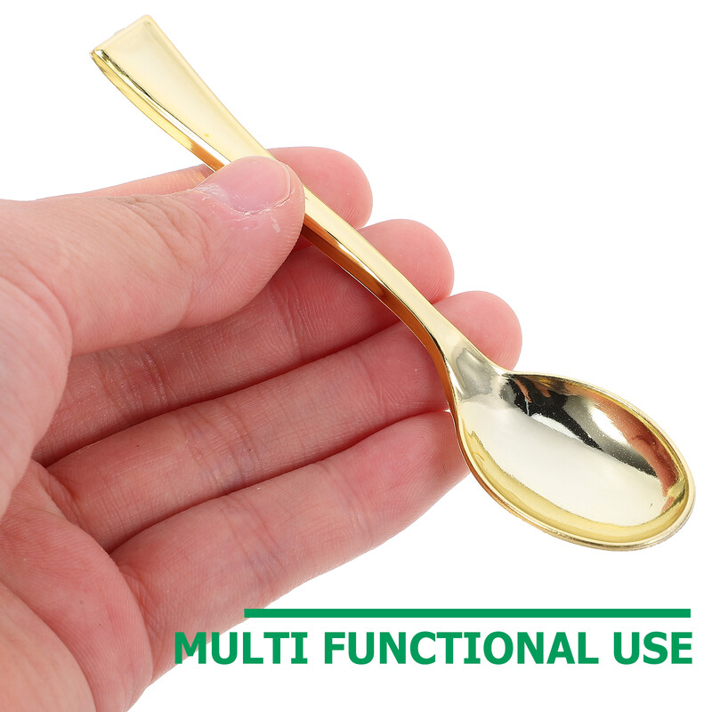 24 vnt. plastikinių vienkartinių auksinių mini šaukštų rinkinys iš plastiko imituojančių metalo stalo įrankių kepsnių vakarėliui