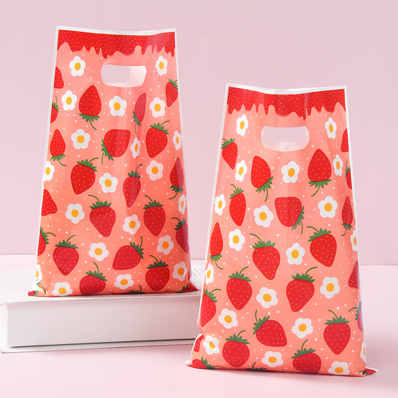 10/25/50 buc Geantă de mână cu model de căpșuni roz, geantă de ambalare pentru cadouri pentru petrecere, căpșuni, pentru petrecere de aniversare, cadouri pentru copii, pungi