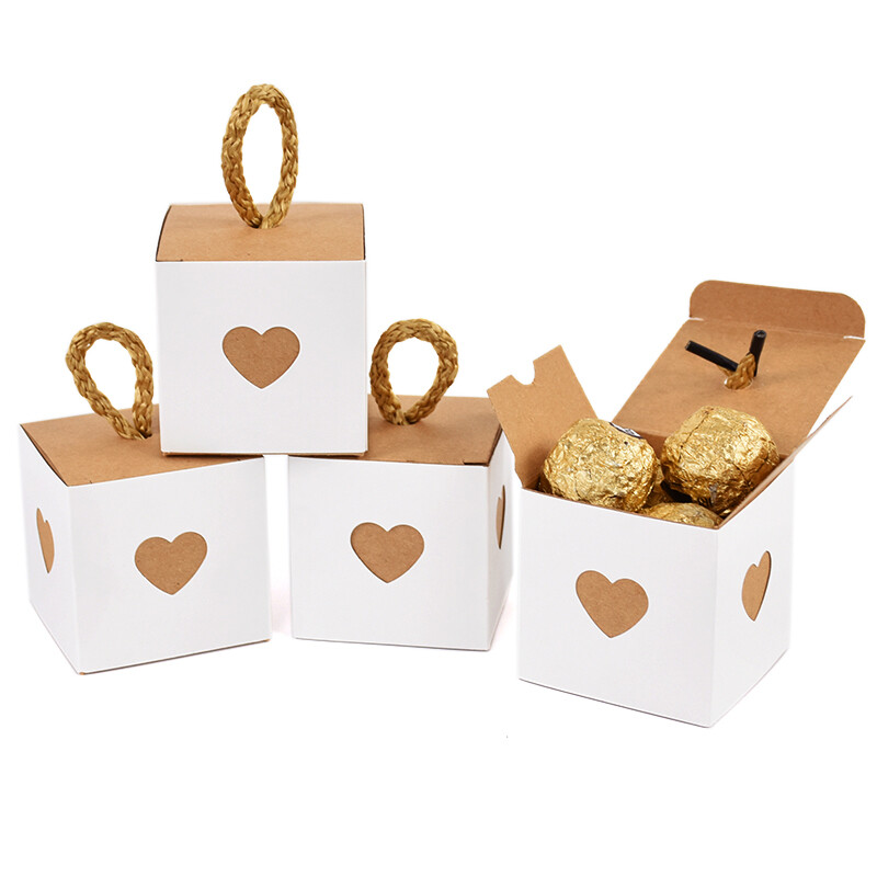 10/20 buc. Mini cutii de cadou cu inimă albă și maro Favoruri de nuntă, hârtie, ciocolată, biscuiți, bomboane, cutii de ambalare, consumabile pentru petrecerea de aniversare