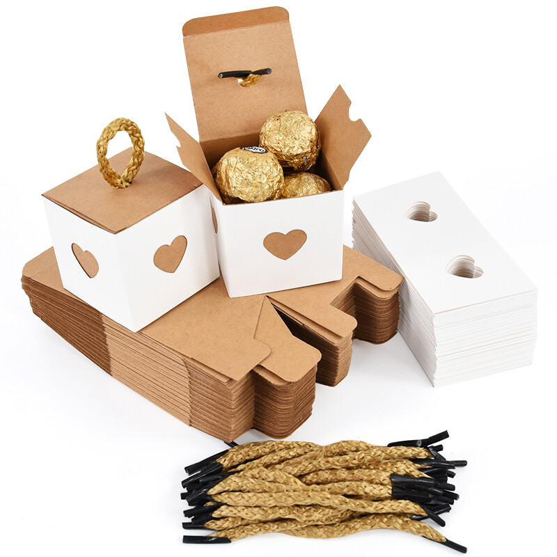 10/20 buc. Mini cutii de cadou cu inimă albă și maro Favoruri de nuntă, hârtie, ciocolată, biscuiți, bomboane, cutii de ambalare, consumabile pentru petrecerea de aniversare