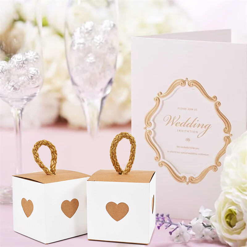 10/20 buc. Mini cutii de cadou cu inimă albă și maro Favoruri de nuntă, hârtie, ciocolată, biscuiți, bomboane, cutii de ambalare, consumabile pentru petrecerea de aniversare