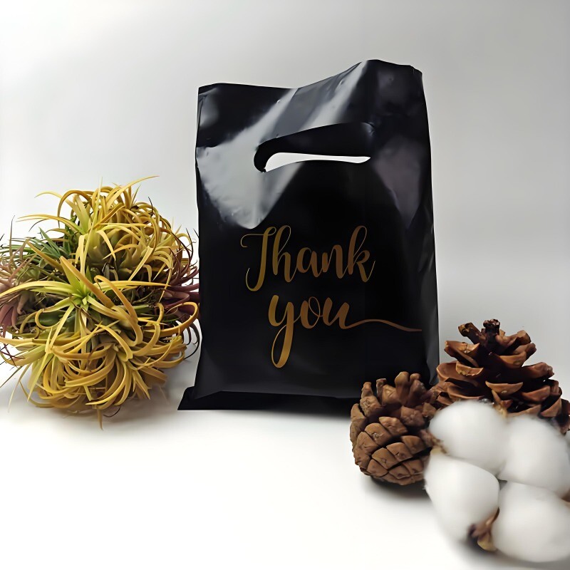 50 bucăți pungă neagră pentru ambalaj cadou cu mâner cu model de recunoștință pungă de cadou din plastic pentru cumpărături zilnice, festivaluri, petreceri, consumabile