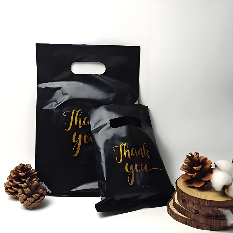 50 bucăți pungă neagră pentru ambalaj cadou cu mâner cu model de recunoștință pungă de cadou din plastic pentru cumpărături zilnice, festivaluri, petreceri, consumabile