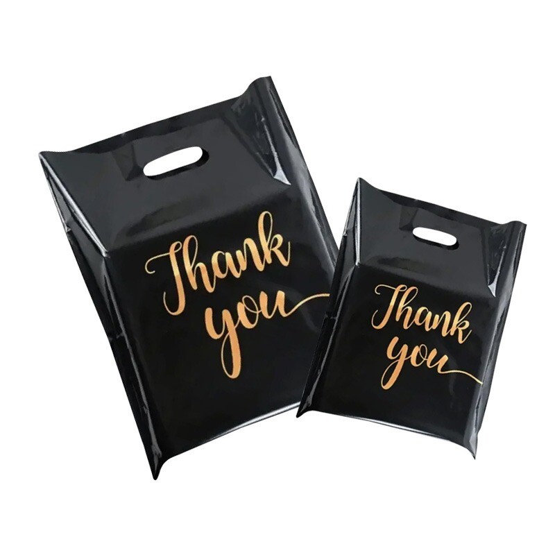 50 bucăți pungă neagră pentru ambalaj cadou cu mâner cu model de recunoștință pungă de cadou din plastic pentru cumpărături zilnice, festivaluri, petreceri, consumabile