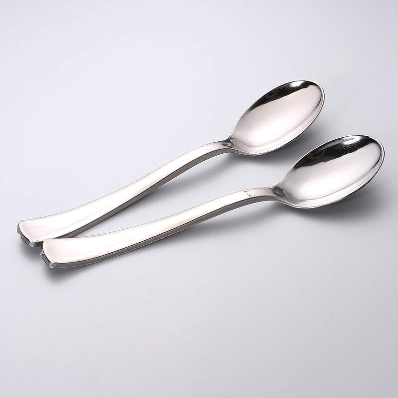 36 vnt., vienkartinis plastikinis mini desertinis torto šaukštas nerūdijančio plieno apdaila vakarėlių vestuvėms (sidabras)