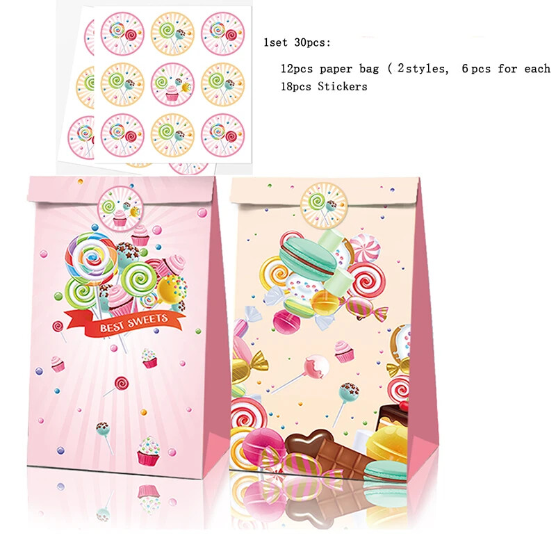 Geantă minunată de bomboane cu înghețată cu autocolante pentru decorațiuni pentru petrecerea de ziua de naștere, pungă de bomboane cu acadele, ceainic / gogoși, hârtie pentru pungi de cadou