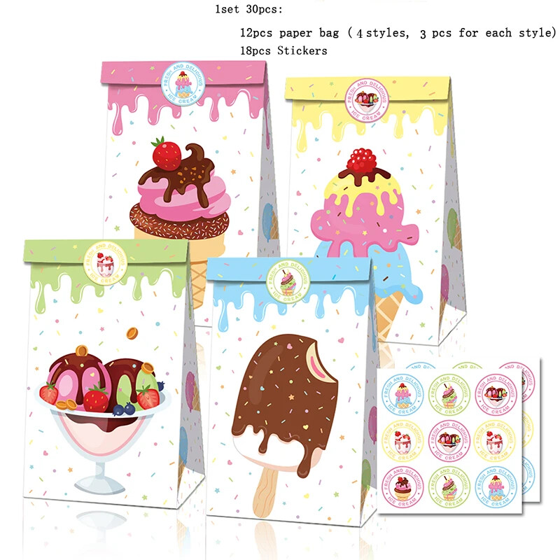 Geantă minunată de bomboane cu înghețată cu autocolante pentru decorațiuni pentru petrecerea de ziua de naștere, pungă de bomboane cu acadele, ceainic / gogoși, hârtie pentru pungi de cadou