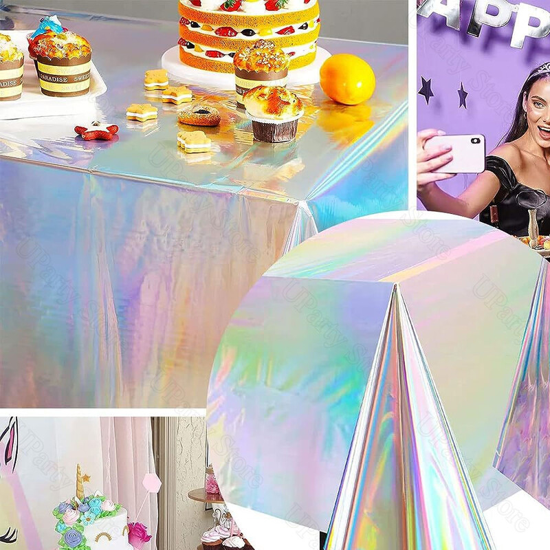 Fețe de masă irisate, auriu strălucitor, roz fierbinte, cu laser, argintiu, husă de masă holografică de unică folosință pentru decorarea petrecerii de aniversare de Crăciun