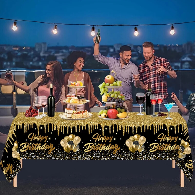 Pânză de masă aurie neagră pentru aniversare Happy 30 40 50 60 de ani Decorație pentru petrecere de aniversare cu sclipici auriu Accesorii pentru petrecerea de aniversare pentru adulți