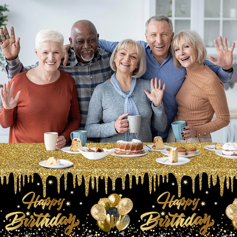Pânză de masă aurie neagră pentru aniversare Happy 30 40 50 60 de ani Decorație pentru petrecere de aniversare cu sclipici auriu Accesorii pentru petrecerea de aniversare pentru adulți