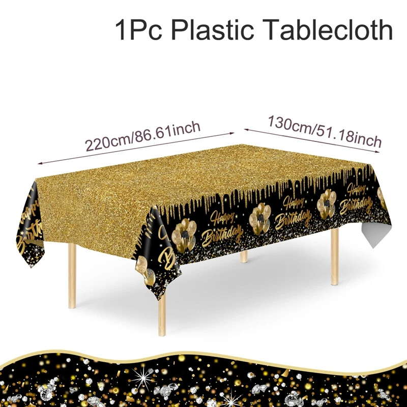 Pânză de masă aurie neagră pentru aniversare Happy 30 40 50 60 de ani Decorație pentru petrecere de aniversare cu sclipici auriu Accesorii pentru petrecerea de aniversare pentru adulți