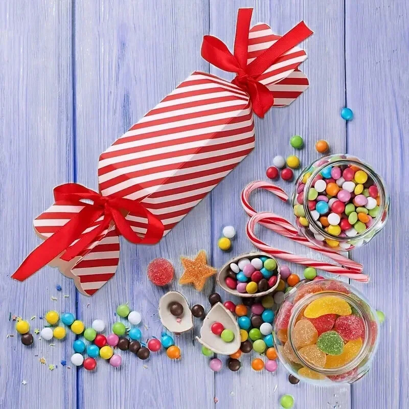 Cutie de bomboane cu dungi roșii cu panglică, cutie de ciocolată pentru prăjituri, cutie de ciocolată pentru ziua de naștere pentru copii, cutie de împachetat pentru petrecerea de Crăciun 선물 가방