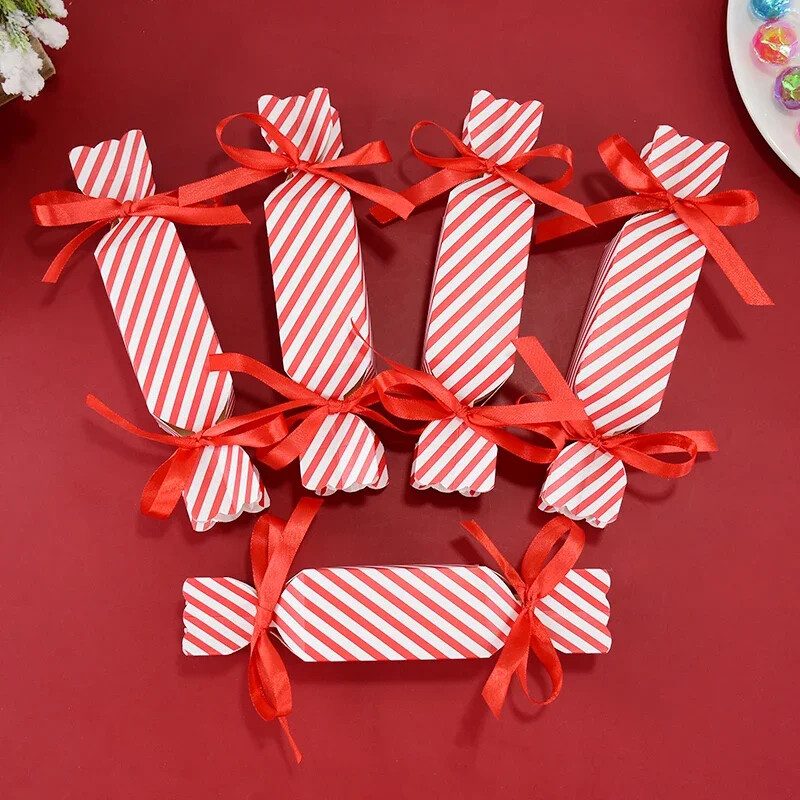 Cutie de bomboane cu dungi roșii cu panglică, cutie de ciocolată pentru prăjituri, cutie de ciocolată pentru ziua de naștere pentru copii, cutie de împachetat pentru petrecerea de Crăciun 선물 가방