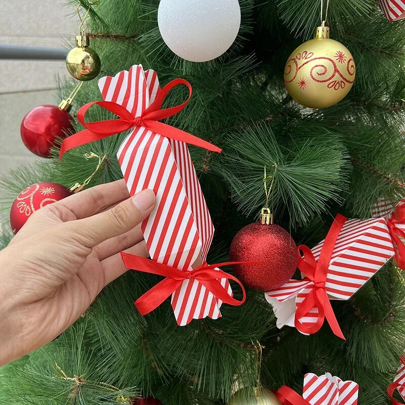 Cutie de bomboane cu dungi roșii cu panglică, cutie de ciocolată pentru prăjituri, cutie de ciocolată pentru ziua de naștere pentru copii, cutie de împachetat pentru petrecerea de Crăciun 선물 가방