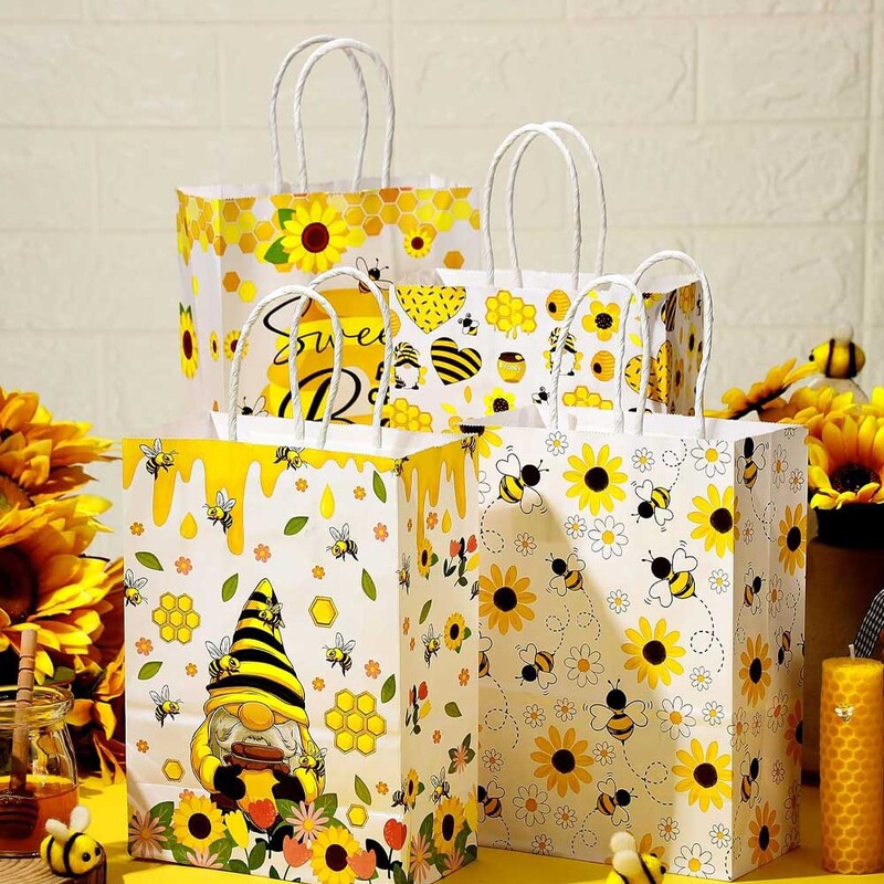 24 de bucăți drăguț albinelor pungi de hârtie kraft reciclabile cadou de festival saci de ambalare pentru cumpărături, miere dulce, consumabile pentru petreceri