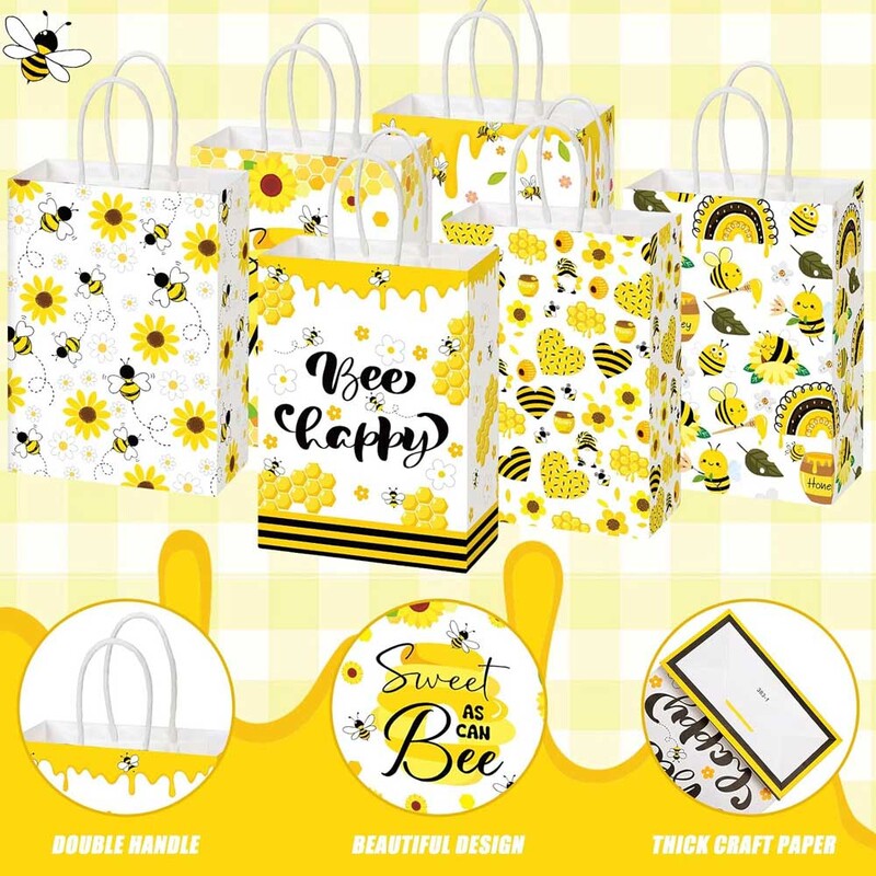 24 de bucăți drăguț albinelor pungi de hârtie kraft reciclabile cadou de festival saci de ambalare pentru cumpărături, miere dulce, consumabile pentru petreceri