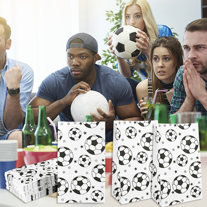 10 bucăți saci de bomboane pentru cadou pentru petrecere de fotbal, hârtie kraft, pentru biscuiți, saci de ambalare pentru sport, tema de fotbal, aprovizionare pentru decorațiuni pentru petrecerea de naștere