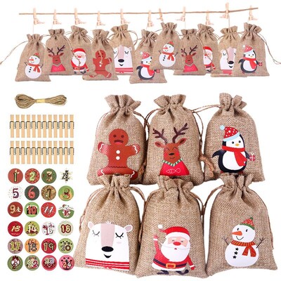 24 Days Christmas Advent Calendar Bags Advent Calendar Подаръчни торбички Направи си сам комплект с хартиен стикер Noel Новогодишен коледен декор