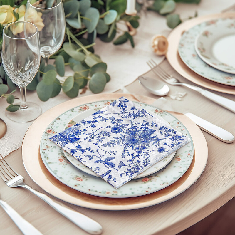 20 buc/pac Șervețele tipărite minimaliste din hârtie, cerneală, cu modele albastre, șervețele de masă, elegante, în stil antic, cârpă pentru ștergerea gurii