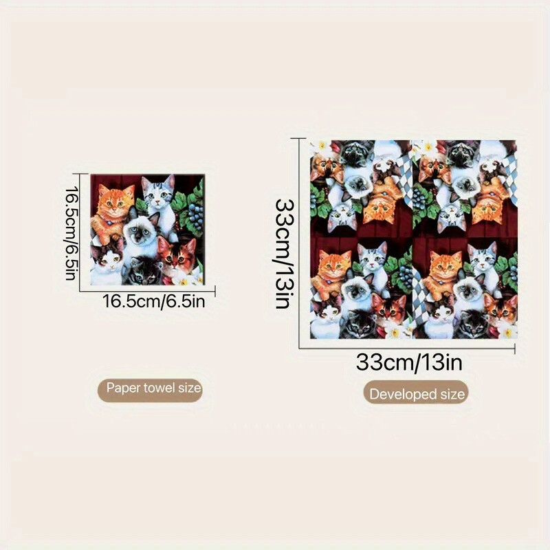 20gab Restorāna apdrukātas kaķu salvetes, jauki kaķēnu kvadrātveida dzīvnieku dekoratīvie salvetes, audu dēļu dekori, svētku ainas dekori