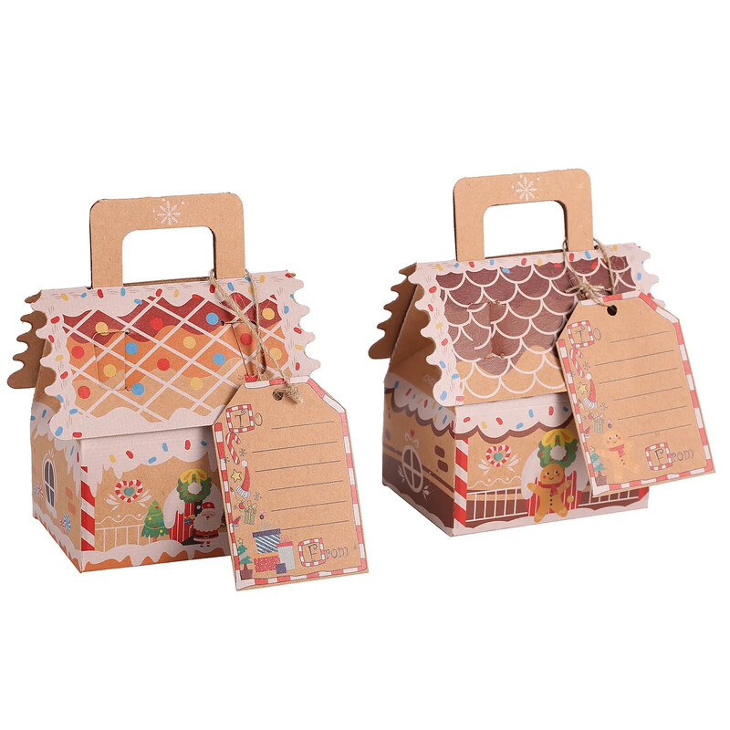 10 gab. Ziemassvētku mājas formas papīra konfekšu cepumu kastīte ar birku Ziemassvētku vecīša piparkūku dāvanu iesaiņojuma kastīte Ziemassvētku ballītes dekorēšanai