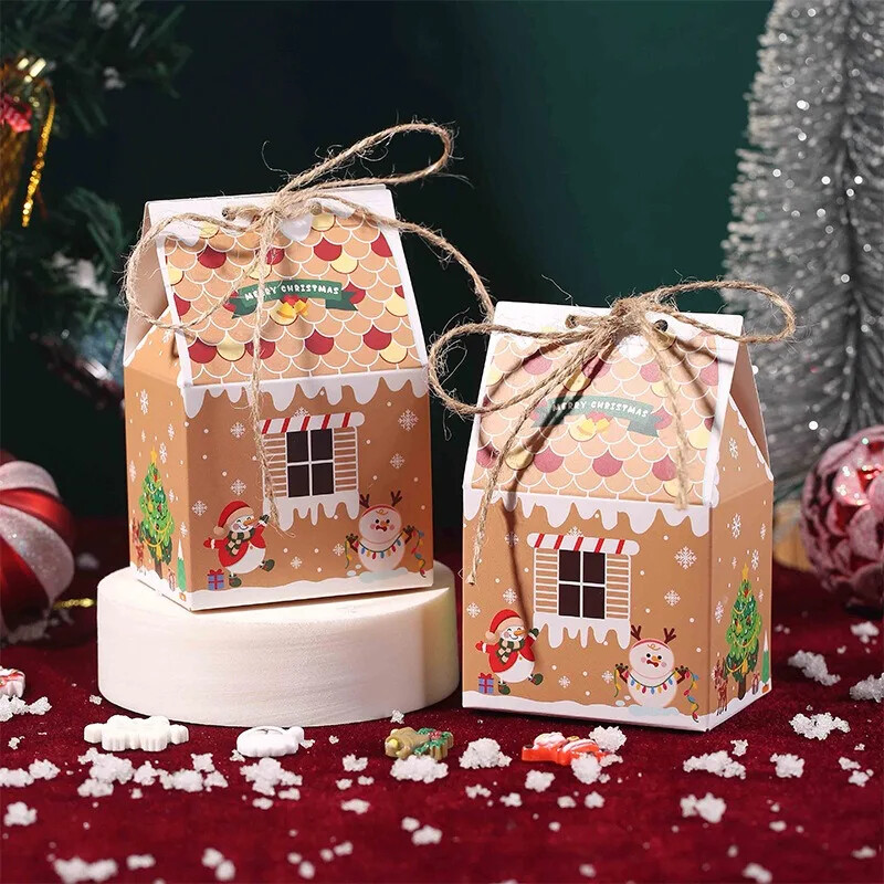 5gab papīra Ziemassvētku piparkūku mājas cepumu kastīte Xmas House kraftpapīra iepakojuma kastīte Noel Priecīgus Ziemassvētku dāvanu maisiņš Jaunais gads