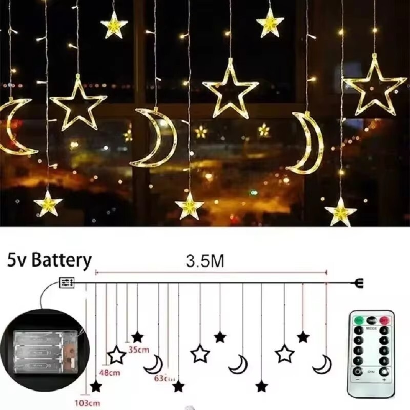 Žvaigždė ir mėnulis kabantys LED užuolaidos Šviesų stygos su baterijomis maitinamos mirksinčios fėjos lemputės Šiltai balta Kalėdų dovana