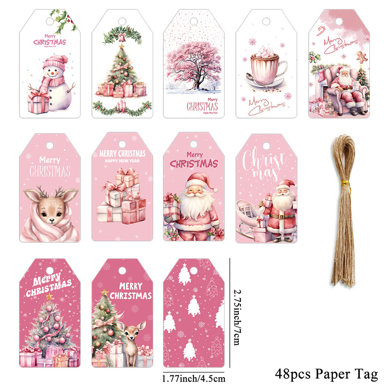 48gab Ziemassvētku piekarināmās birkas Rozā Ziemassvētku vecītis Briedis Priecīgus Ziemassvētkus Papīra Etiķetes Ziemassvētku ballīšu dekorēšanai DIY Dāvanu iesaiņošanas piederumi